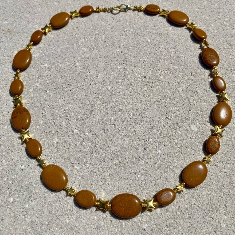 Jasper Stone and Gold Star & Crystal Necklace Handmade